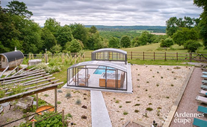 Comfortable holiday home for 10 people in Villers-en-Fagne with covered outdoor pool, jacuzzi and wood stove