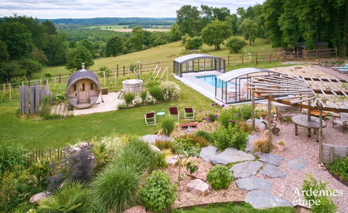 Comfortable holiday home for 10 people in Villers-en-Fagne with covered outdoor pool, jacuzzi and wood stove